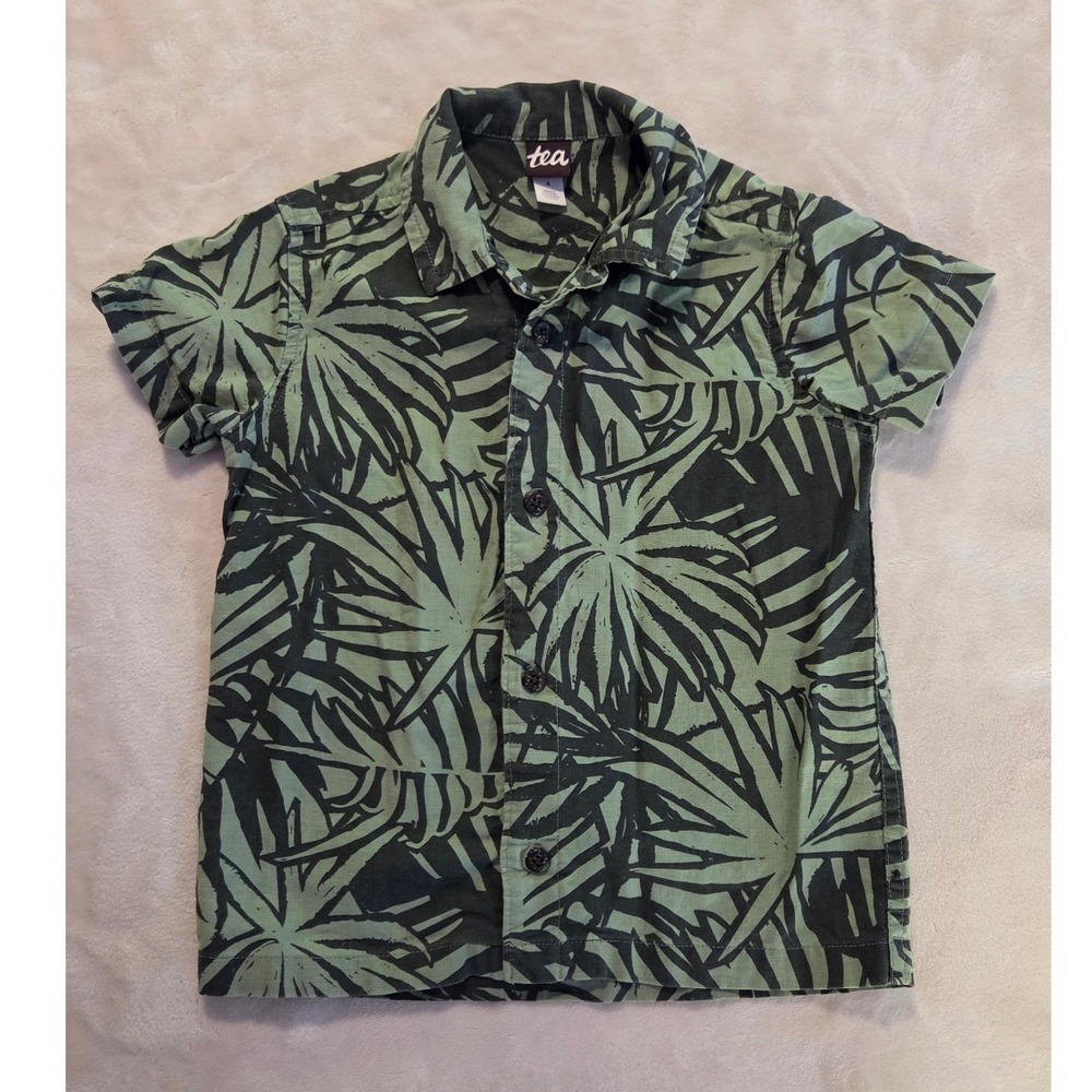 Tea Collection Size 4 Linen Blend Tropical Palm Print Button Down Shirt‎